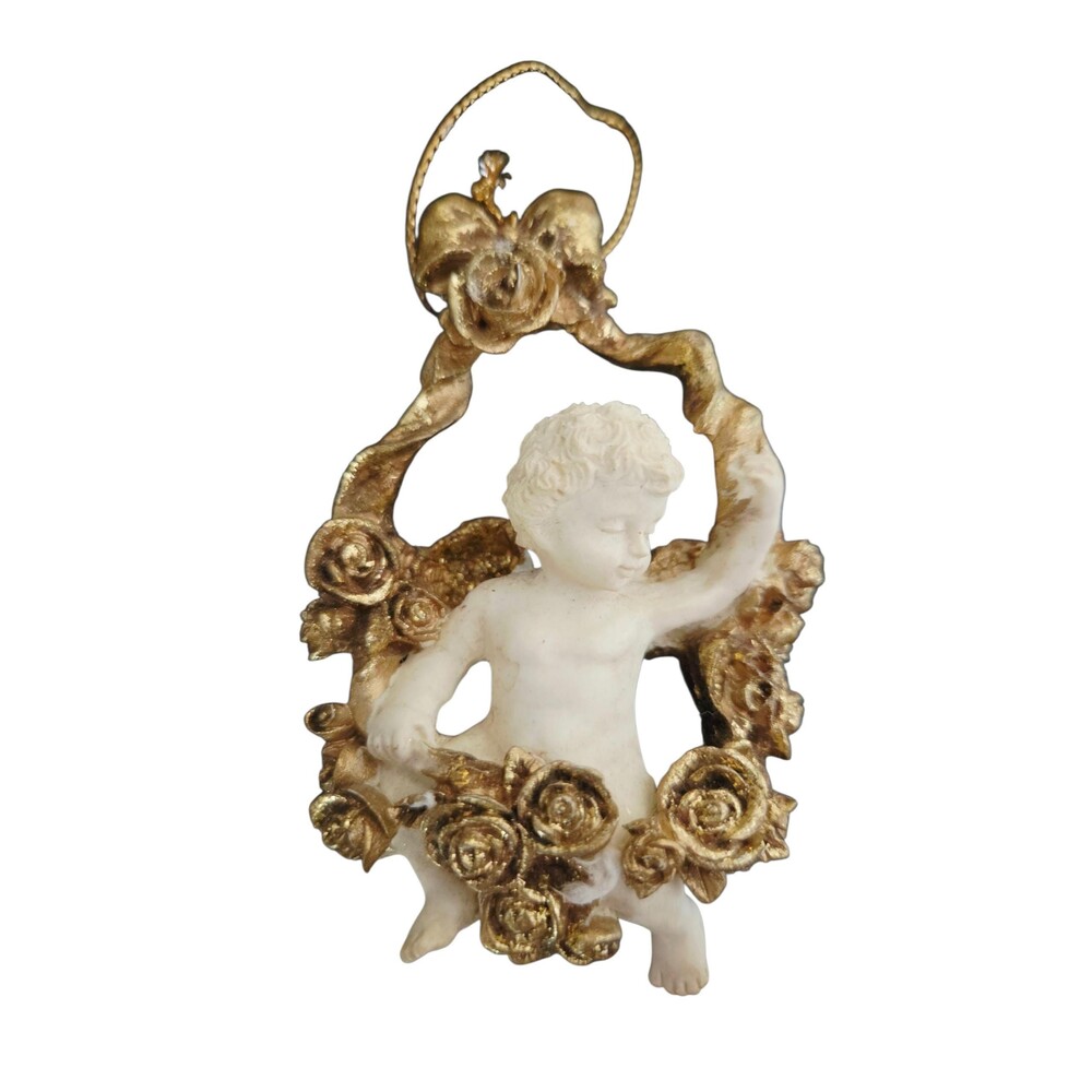 Vintage Cherub Angel Christmas Ornament Gold Foil Rose Wreath Rococo Cupid